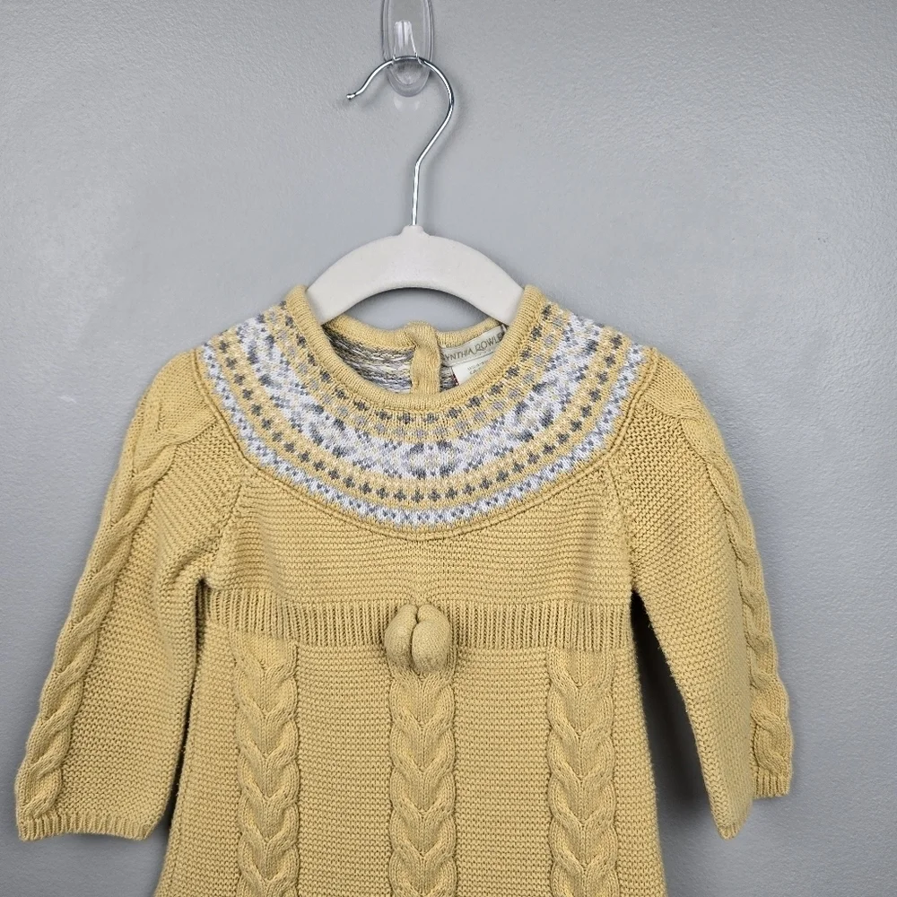 Fair Isle Cable Knit Sweater Dress And Beret Hat Yellow Gray Baby Girl's‎ 6-9 M